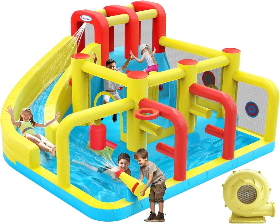 Inflatable Bounce House Water Slide,12.5ft x 11.4ft,Long Slide,Basketball Hoop,Fun Central Obstacle,Throw Ball Game,Tunnels, Climbing,Water Cannon,Inflatable sandbags.