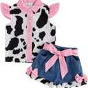 Toddler Girl Denim Western Outfit Baby Cowgirl Clothes Ruffle Cow Print Shirt Button Down Tops Belted Jeans Shorts (White, S)