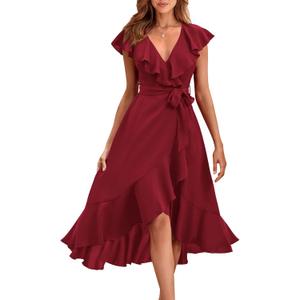 RETTYGARDEN Women's 2026 Summer Cross Midi Dress Casual Boho Deep V Neck Short Sleeve Ruffle Hem Split Beach Long Dresses (Red, S)