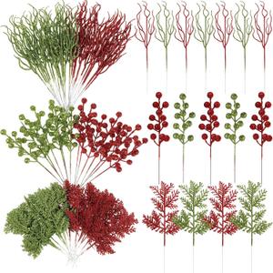 75 Pcs Christmas Glitter Branches 3 Styles Artificial Christmas Picks Berries Stems Pine Needles Floral Twig Spray for Xmas Tree Ornaments DIY Wreath Garland(Red, Green)
