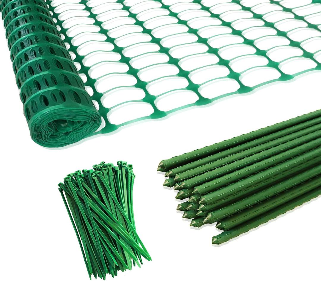 Garden Fence,Snow Fence,Plastic Safety Fence+25 Steel Plant Stakes,Patio Snow Fence 40 Inches X 100 Feet Green Plastic Garden Netting and 25 4-Foot Stakes