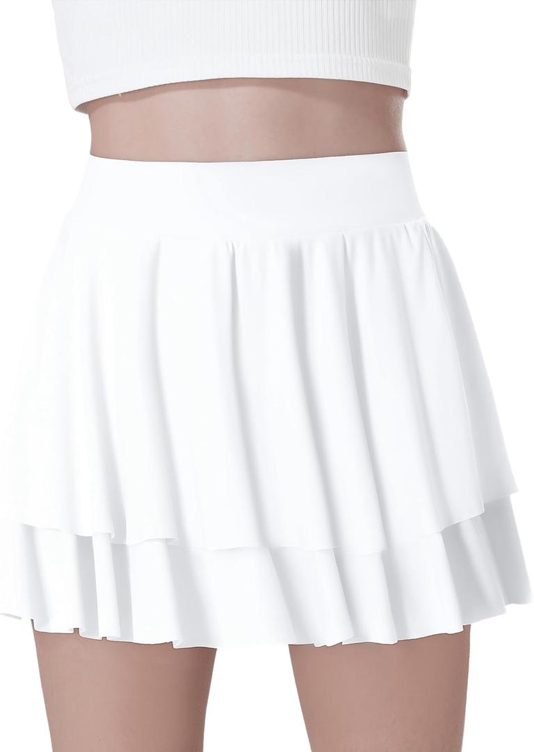 EXARUS Girls Tennis Skirts Athletic Golf Skorts Dance with Underneath Cheer Flowy Tiered Mini Pleated Preppy for Kids (12 Years, White)