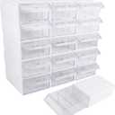 15 Pcs Plastic stackable storage drawers,Small parts storage organizer, Drawers Storage Closet&45 Pcs Clear Dividers&45 Tag Cards,Multifunctional Rack For Small Items (15-White)