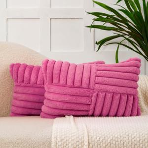 All Smiles Couch Decorative Throw Pillow Covers 12X20 Set of 2 Faux Fur Plush Soft Fluffy Lumbar Cushion Case Cozy Fuzzy Striped Pillowcase Home Decor for Bed Sofa Living Room, Hot Pink