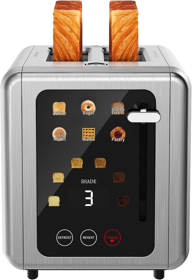WUNLY Touch screen Toasters 2 slice, Stainless Steel Digital Timer Toaster with Sound Function, 6 Bread Types & 6 Shade Settings, Smart Extra Wide Slots Toaster with Bagel, Defrost Functions,Platinum