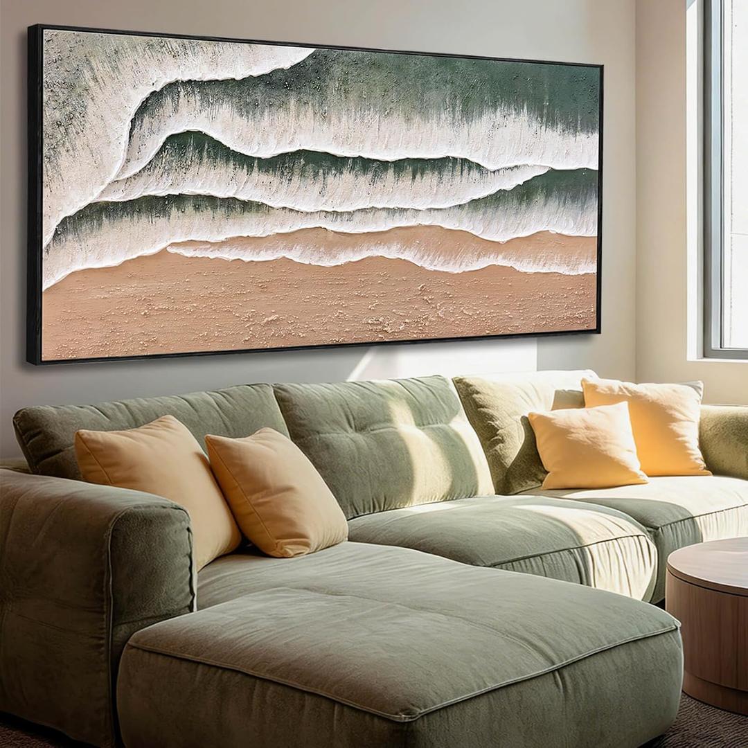 Large Abstract Green Framed Canvas Wall Art,Framed Neutral Landscape Wall Decor,Wave Water Artwork,Textured Art Paintings Pictures for Gallery,Hotel 29"x58"
