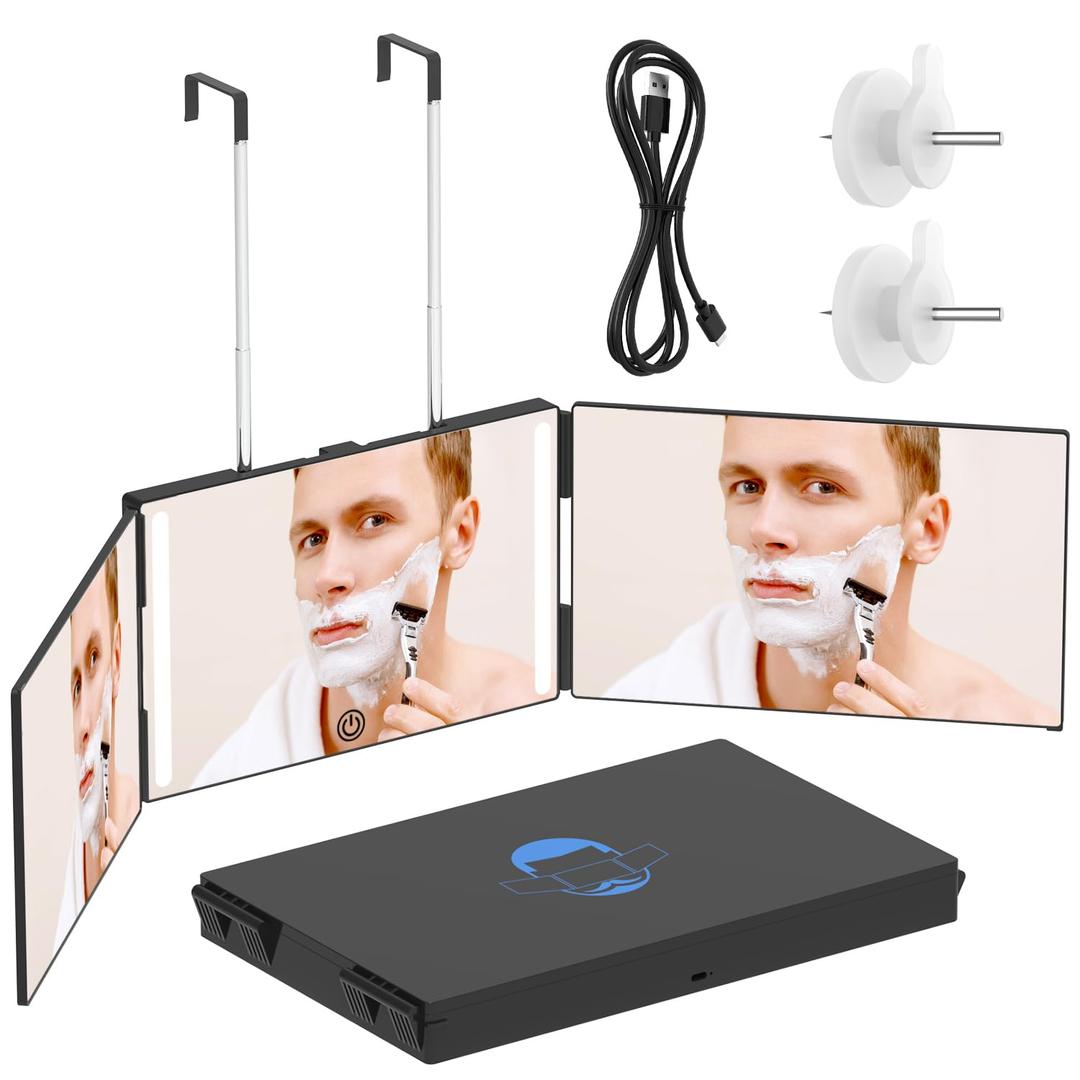 OLIBUY 3 Way Mirror with LED for Hair Cutting, Tri-fold Mirror for Shaver and Makeup, Adjustable Telescoping Hooks-with LED Version