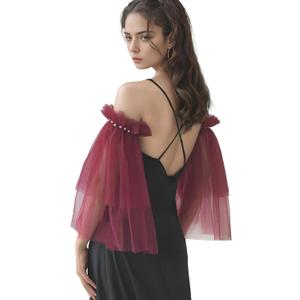 Black White Long Wedding Gloves Lace Sheer Puffy Sleeves Fingerless Ruffled Tulle Gloves Detachable Sleeves for Women (Red)