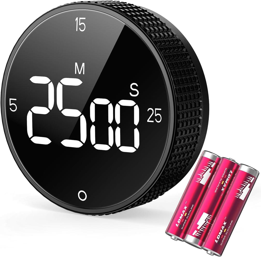 Allbean Magnetic Kitchen Timer for Cooking with Loud Alarm - Large LED Display Rotating Countdown Pomodoro Timer, Preset 5/15/25 Mins Easy for Seniors and Kidsfor Baking Grilling Studying (Black)