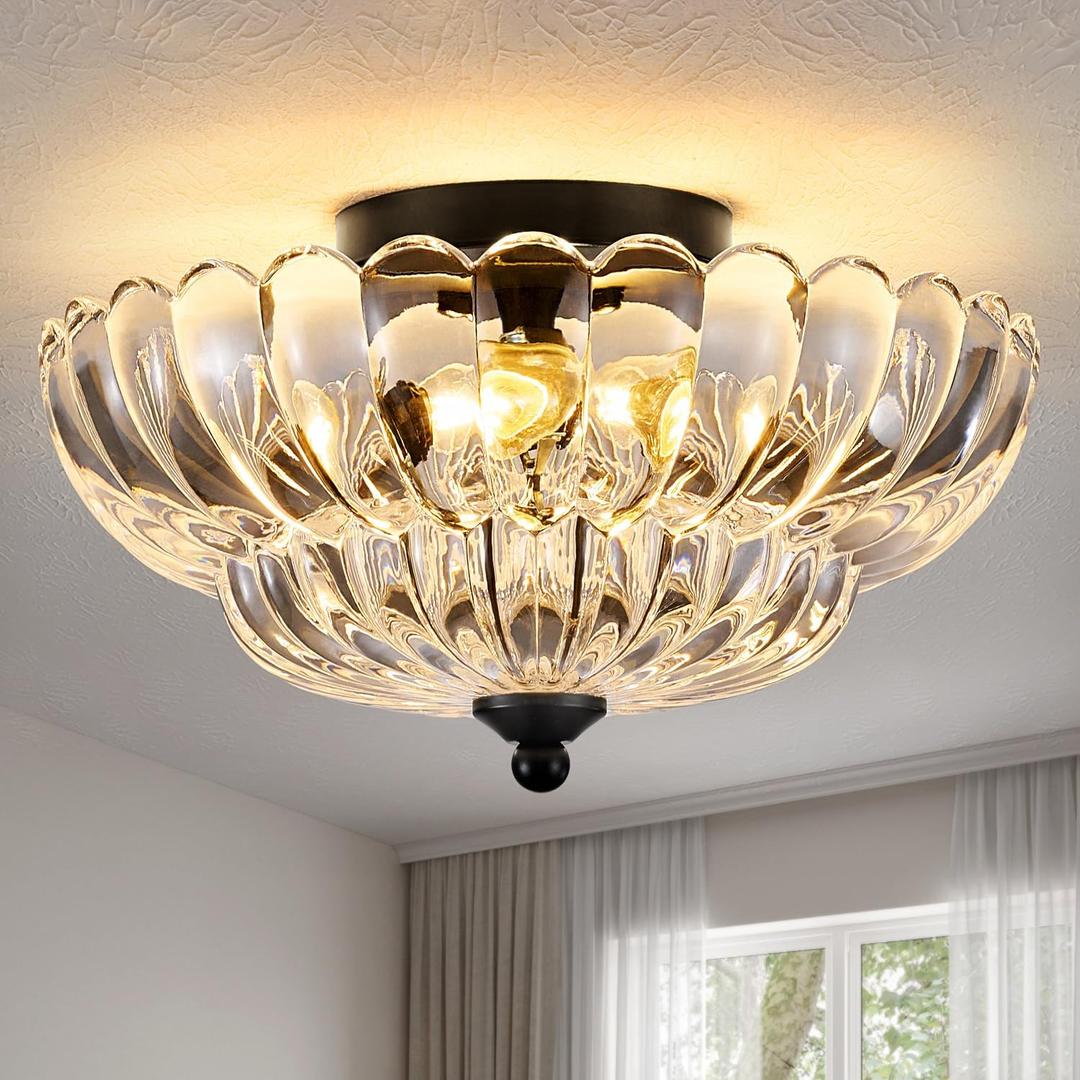 Modern Black Ceiling Light Fixture, 12" Clear Glass Flush Mount Chandeliers, Semi Flush Mount Ceiling Light Fixture Suitable for Living Room Hallway Kitchen Bedroom