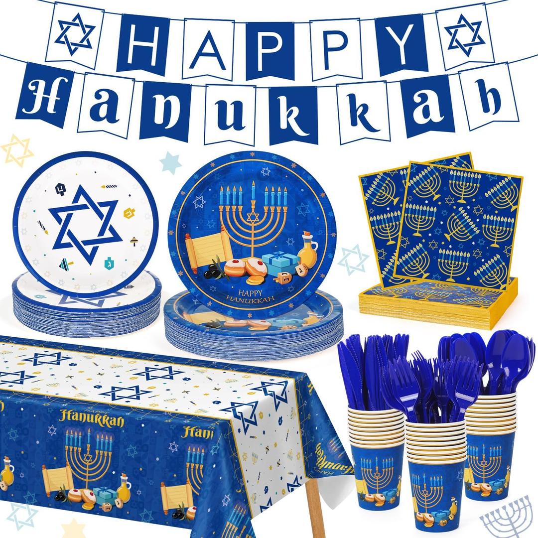 178PCS Hanukkah Menorah Party Decorations Set with Plates Napkins Cups Banner Tablecloth Cutlery Disposable Blue and White Dinnerware Bulk Supplies for Festival Indoor Outdoor Celebrations