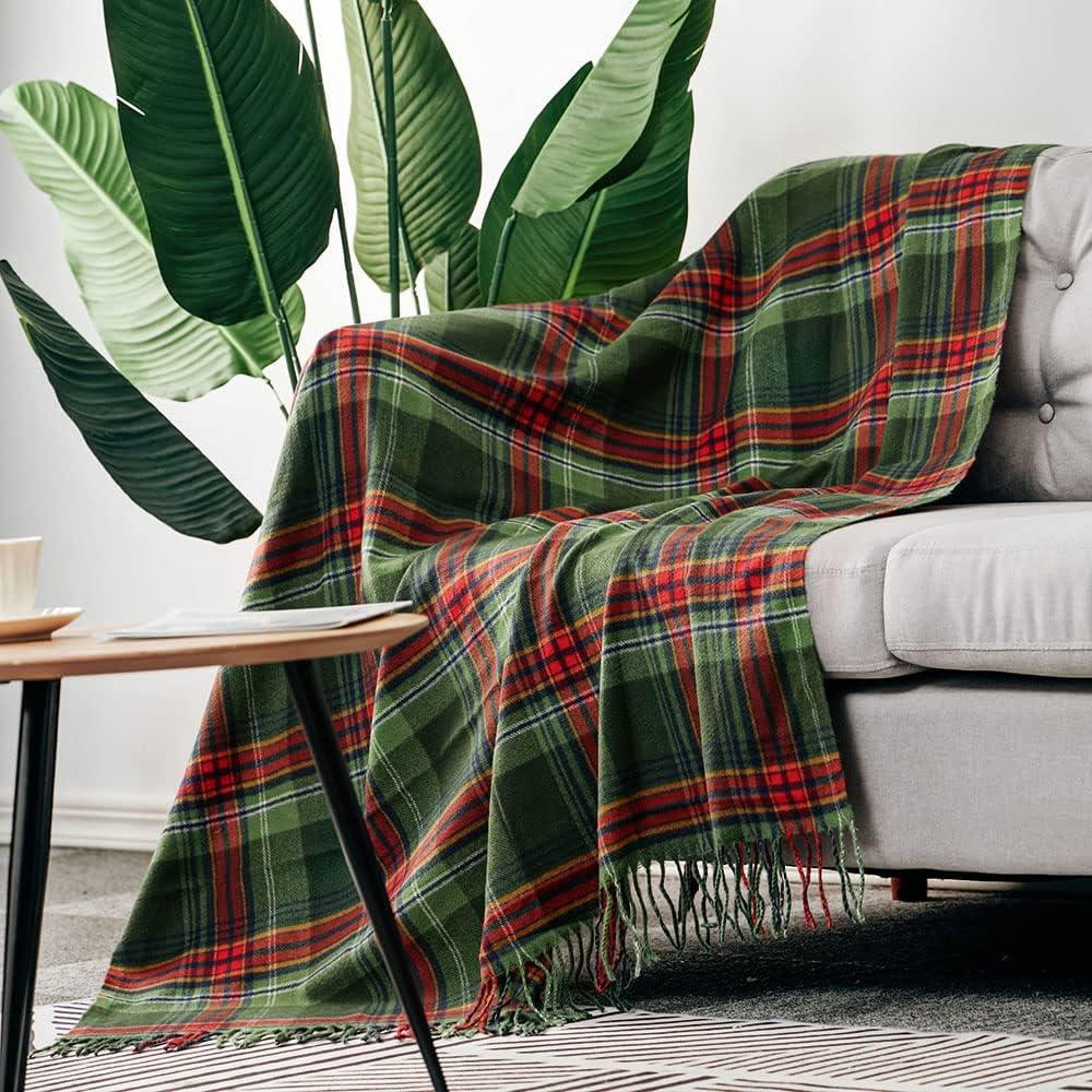 LALIFIT Soft Fluffy Green Red Plaid Fringe Blanket, Lightweight Throw with Tassels for Home Decor, 50" x 60" (Christmas)