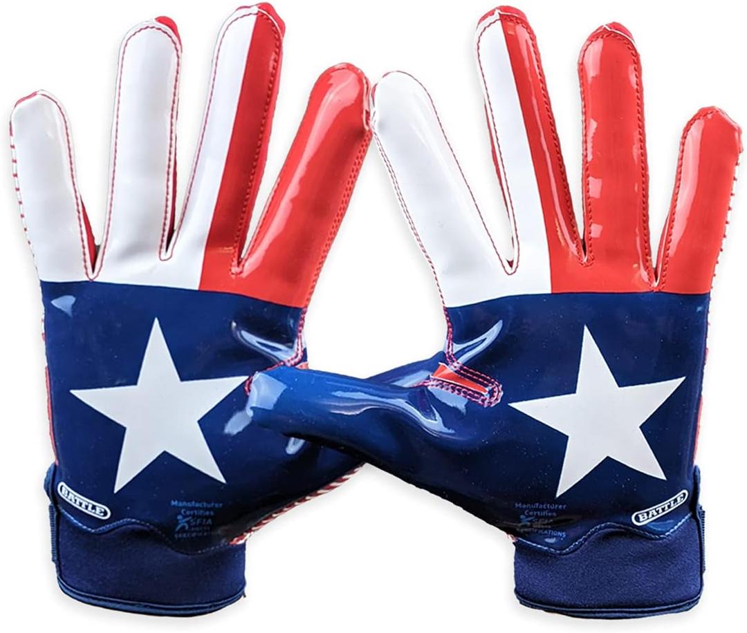Battle Sports Back of Hand Wide Receiver Football Gloves, Ultra-Tack Sticky & Grip, No Slip - Adult & Youth (Adult XX-Large, Texas Flag)