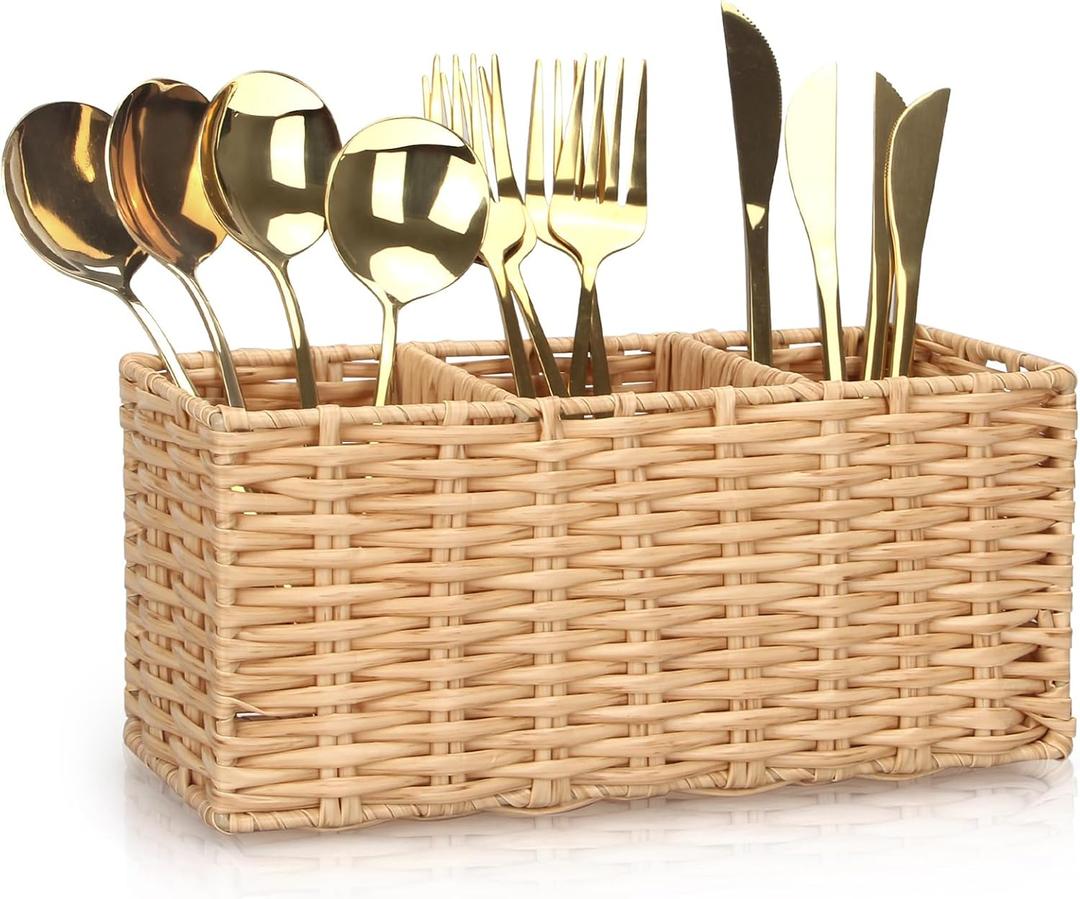 Ayiaren Wicker Flatware Silverware Caddy Cutlery Holder Kitchen Silverware Organizer Storage for Countertop Small Utensil Holders Party Table Spoon Knives Fork Holder Flatware Utensils Caddy Basket (9.5"Lx4"Hx3.3"W, Natural)