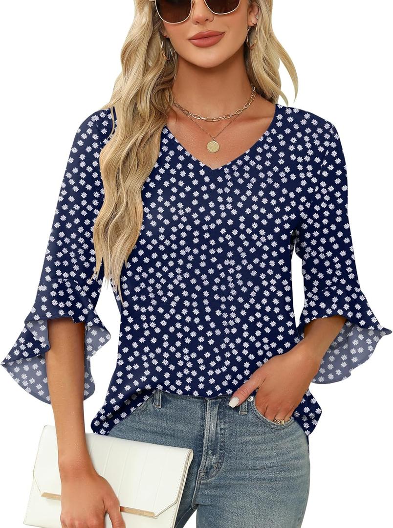 Qirno Chiffon Blouses for Women Ruffle 3/4 Sleeve Dressy V Neck Casual Flowy Tunic Tops (Large)