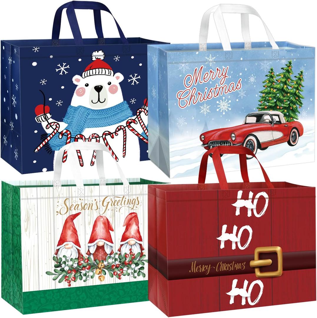 DECHISY 12 Pack Extra Large Christmas Gift Bags with Handles, Reusable Christmas Tote Bags for Wrapping Xmas Presents, Shopping, Party 17 x 13 x 7 Inches (Green)