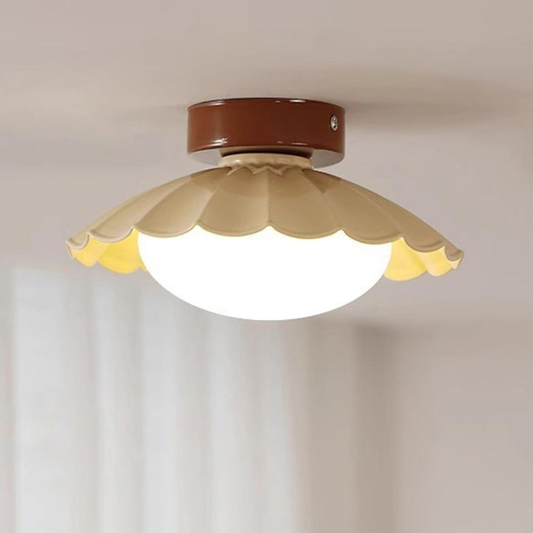 MIXL-Milk Yellow Semi Flush Mount Light with Ribbed Lampshade,Dimmable Dome Ceiling Light Fixture,Nordic Style Ceiling Lamp for Living Room Bedroom and Study Room, 11.81 Inch