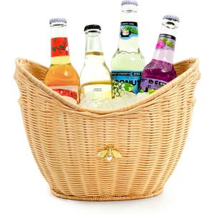 Lexenic Ice Bucket with Handle Hole, Woven and Acrylic Double Layer Basket Design, 4L Champagne Wine Ice Bucket for Cocktail Bar, Parties, Picnics- Anti Frozen Hands Anti Water Leakage (Rattan)