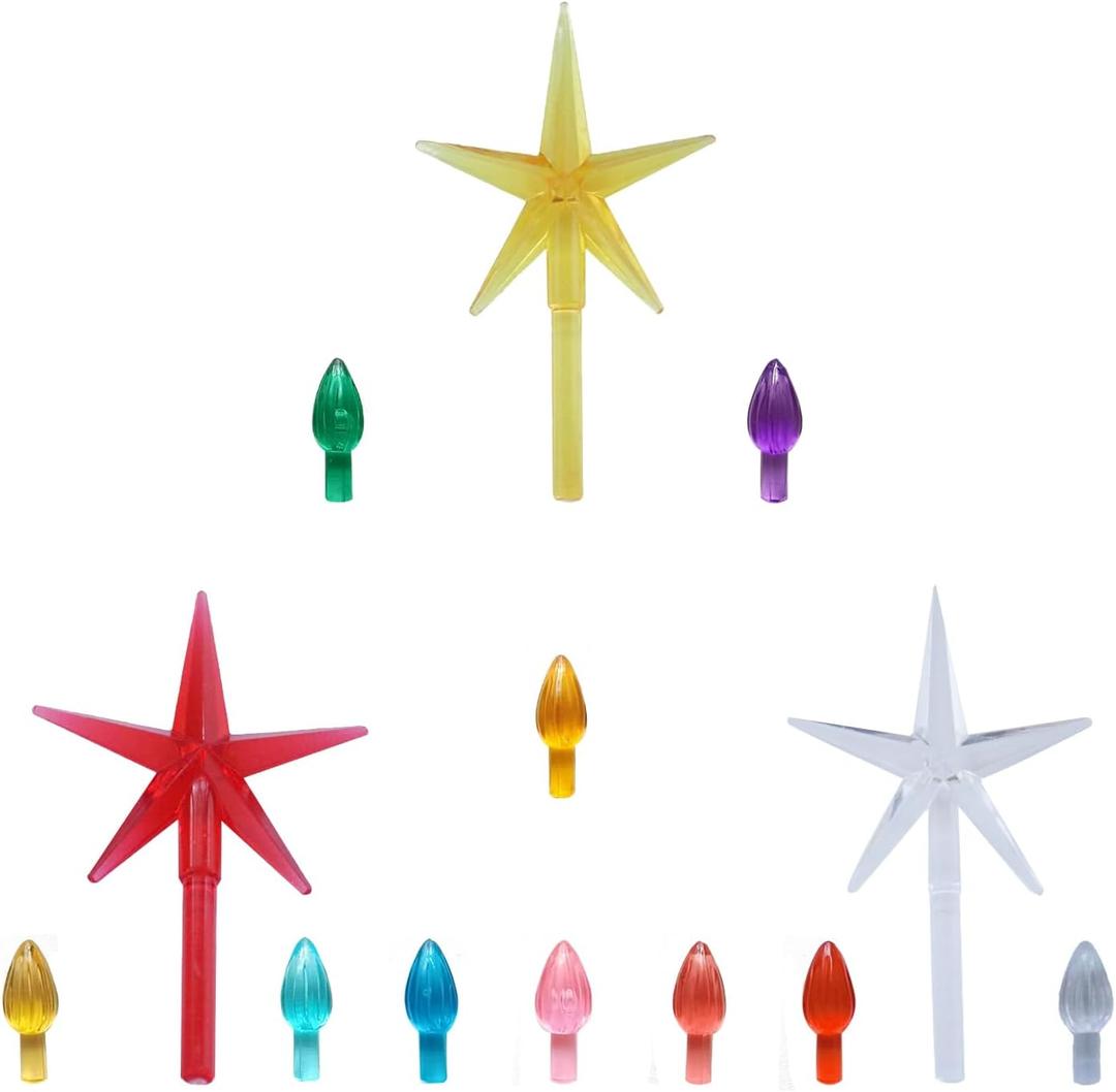 Ceramic Christmas Tree Replacement Lights Bulbs - Multicolor Plastic Medium Twist Light Ornaments, Mini Vintage Flame Shape Artcraft Ornaments Sets, 105 PC Bulbs Plus 3 Star Topper
