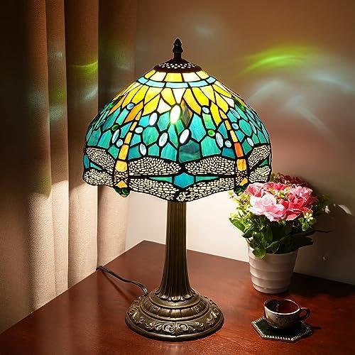 Blivuself Tiffany Lamp Green Dragonfly Style Stained Glass Lamps Teal Bedroom Bedside Table Lamp for Dorm Office Art Craft Antique Decor Accent Aesthetic Nightstand Retro Metal Reading Lamps 12 inch