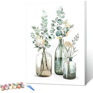 Ginkko Paint by Numbers Kit for Adults Beginner & Kids Ages 8-12 with Wooden Frame Easy Acrylic on Canvas 12x16 inch with Paints and Brushes, Bottle Flower (Include Framed)