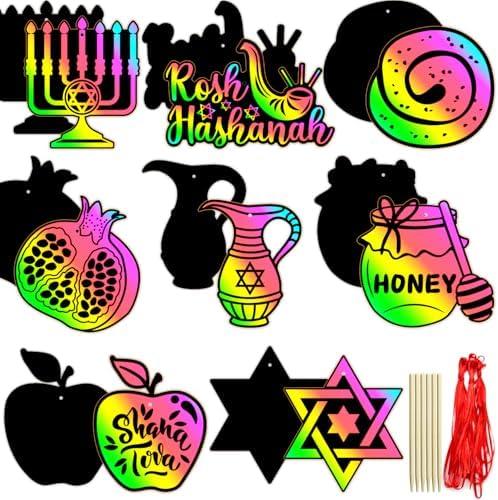 ParsNuntio Rosh Hashanah Scratch DIY Craft Cards Kit - Shana Tova Scratch Decoration Craft Cards - Jewish New Year Party Supplies Cards Birthday Scratch Cut-Outs Party Essential Cards - Set of 24