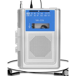 Small Cassette Player Recorder, Portable AM FM Vintage Tape Cassette Player with Big Speaker and Headphones, Built-in Microphone, Powered by DC or AA Battery for Walking (Blue)