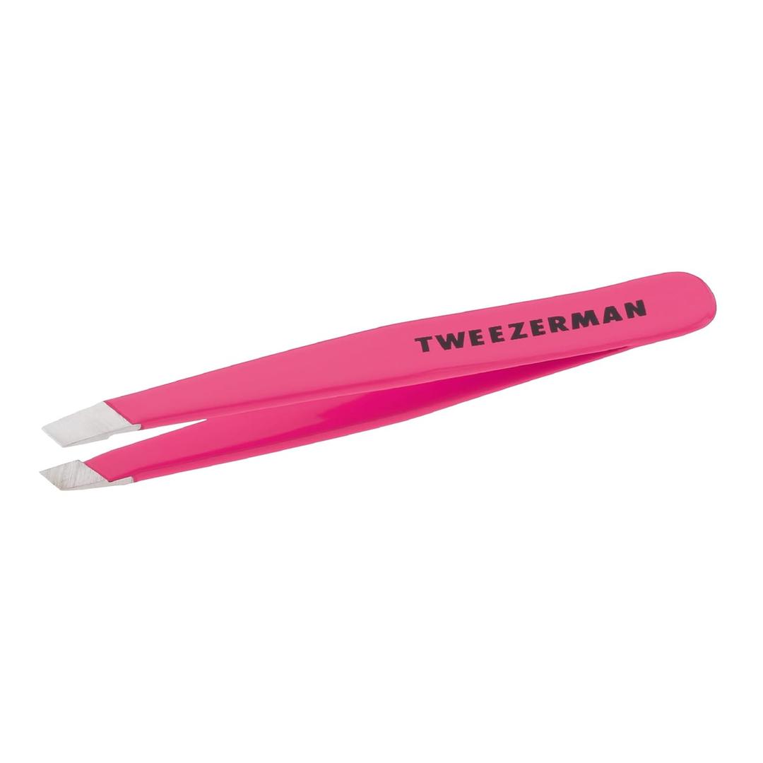 Tweezerman Mini Slant Tweezer - Tweezers for Eyebrows, Travel Tweezers for Eyebrows, Facial Hair (Neon Pink)