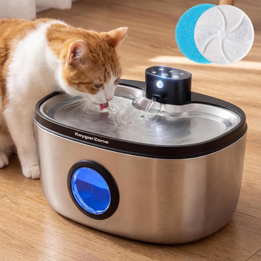 Wireless Cat Water Fountain Stainless Steel: 5L Stainless Steel Pet Water Fountain for Cats & Dogs Indoor, Automatic Battery Operated Cat Water Fountain, Ultra-Quiet Cat Water Dispenser with Filter (Silver)