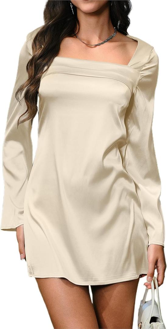 HYPERFIRE Women's Elegant Sqaure Neck Satin Long Sleeve Mini Dress Wedding Cocktail Dresses (Gold)