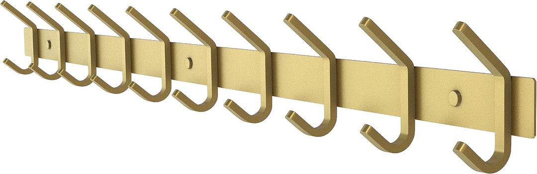 Brushed Gold Wall Mounted Coat Rack 30 Inch Stainless Steel Rail with 10 Double Coat Hooks for Entryway, Bathroom, Bedroom, Kitchen Modern Gold Hook Rack for Coats, Hats, Towels