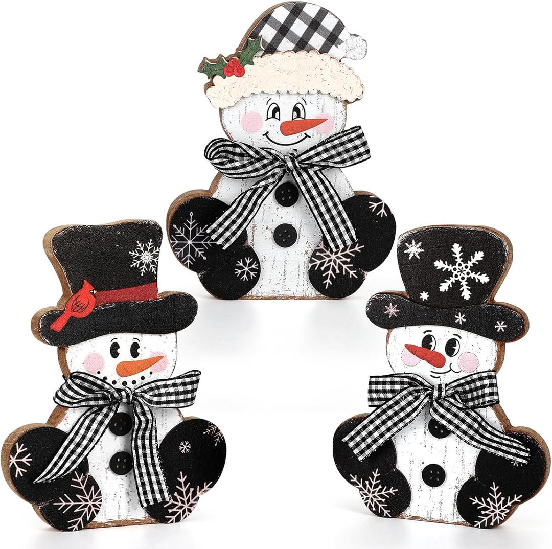 3 Pcs Christmas Wood Centerpieces for Tables Wooden Snowman Table Decor Rustic Merry Xmas Tabletop Signs Block Winter Desktop Decorations Indoor Tiered Tray Office Desk Shelf Home Mantel Holiday Party (Large, Black and White)