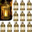 Cunhill 12 Pieces Mini Lanterns with Flickering LED Candle Vintage Decorative Hanging Candle Lanterns for Ramadan Wedding Decorations Party Table Centerpiece, Battery Included(Gold)