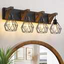 Farmhouse Bathroom Light Fixtures, 4 Light Bathroom Vanity Light, Black Rustic Wood Vanity Lights Wall Sconces with Elegant Metal Lampshade for Living Room, Bedroom, Hallway (Retro Black, 4-Light)