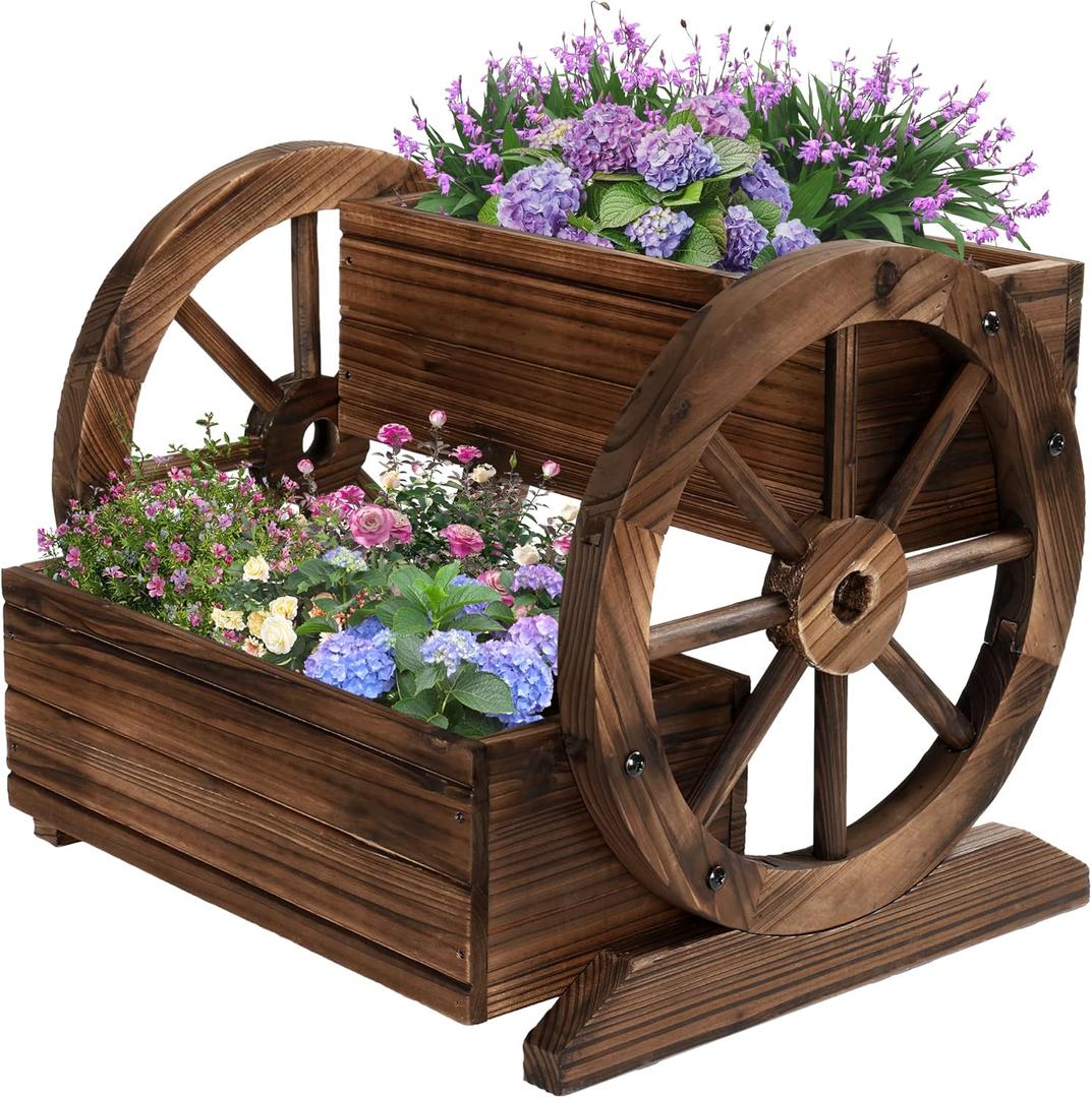 Wooden Wagon Planter Box, Garden Planter with Wheels,Decorative Planter for Flowers Herbs Vegetables for Indoor & Outdoor Dcor, Flower Cart for Patio Garden Balcony (2-tier Planter Box - 1 Pc)