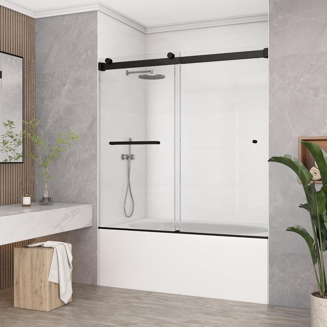 Frameless Double Sliding Tub Shower Door 59-60" W x60 H, 5/16" (8mm) Thick Easy-Clean Tempered Glass, Easy Installation, Safety Tested Glass Tub Doors Matte Black