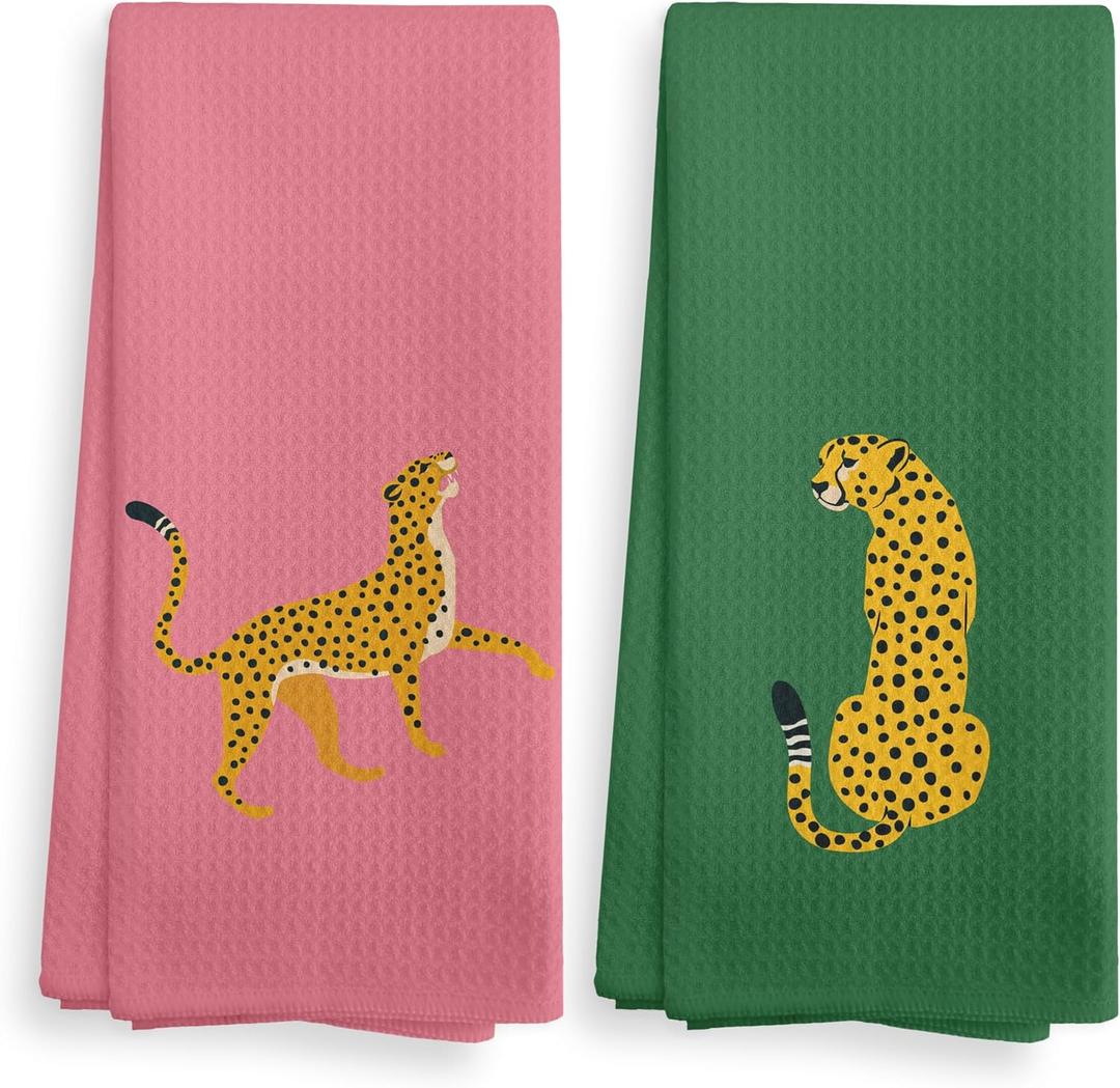 Hot Pink Green Preppy Leopard Kitchen Towels and Dishcloths Set of 2, Girls Bathroom Decor Cheetah Hand Towels, Modern Art Drying Cloth Hand Towels for Dorm Bathroom Kitchen Decor, 1624 Inches