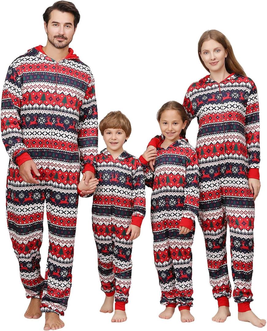Christmas Onesie Pajamas Family Vacation Novelty One-piece Hooded Matching PJs Allover Pattern Sleepwear Nightwear (S)