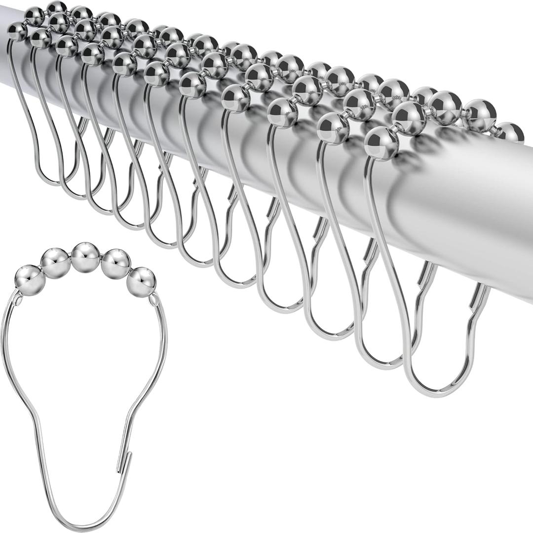 LiBa Shower Curtain Rings Hooks Rustproof Stainless Steel Nickel Chrome Plating for Bathroom Shower Curtain Rods- Set of 12