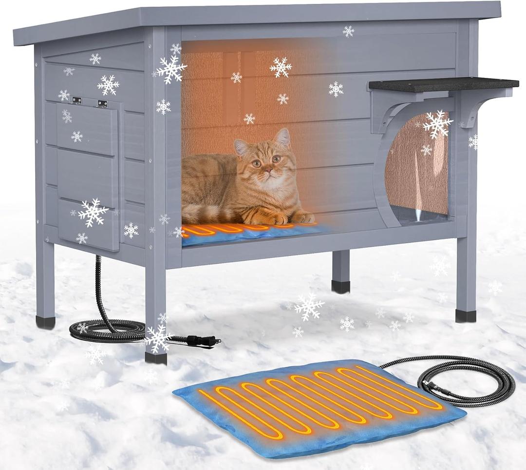 Heated Cat House for Outside - Wooden Outdoor Cat Houses for Outdoor Cats, Winter Outside Cat House Weatherproof, Warm Insulated Cat House for Feral Cats, with Heated Pad, Escape Door