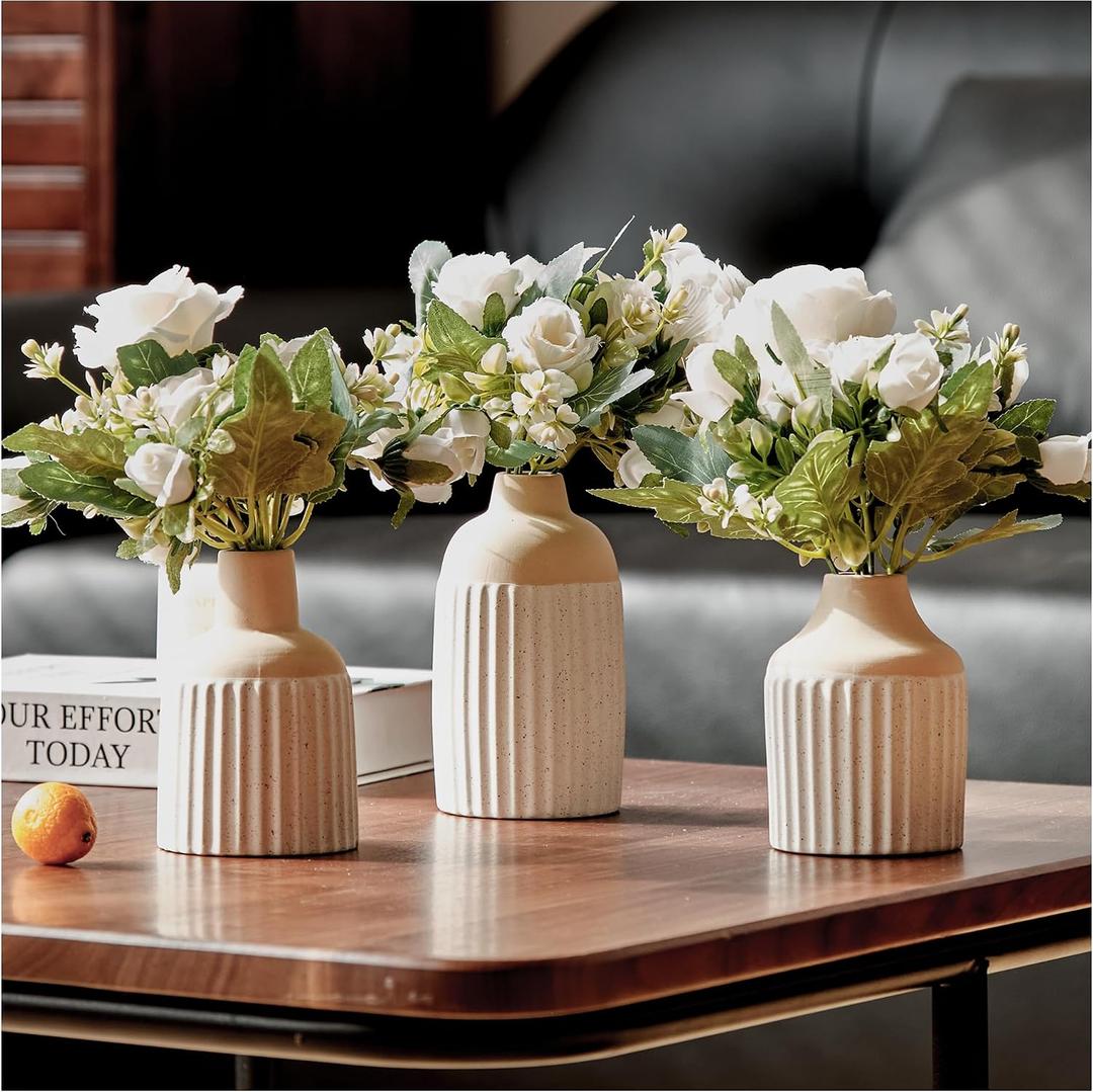 White Ceramic Vase Set of 3, Fake Flowers in Vase, Attached 3 bunches Silk Roses Flowers, Modern Boho Vases Home Decor for Kitchen Living Dining Room Coffee Table Centerpiece Decoration (Beige White)