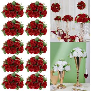 Artificial Flower Ball Wedding Centerpieces -10Pack Red Rose Silk Floral Half Ball - Faux Flower Balls Plastic Base for Event Table Arrangement Party Home Room Dcor (Dia 10.6inch)