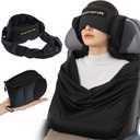 Travel Pillow and Blanket Set, Compact Airplane Pillow Bag with Eye Mask for Long Flights Sleeping, 360° Support Head Strap Travel Essentials for Plane Car Sleep Neck Upright, Stop Bobblehead (Black)