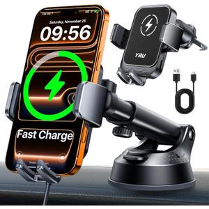 YRU [True Military-Grade] Wireless Car Charger Mount, 15W Charging Auto Clamping Car Phone Holder [98+LBS Strong] Dashboard Windshield Vent Cellphone Holder for iPhone 17 16 15 Pro Max Samsung, Black