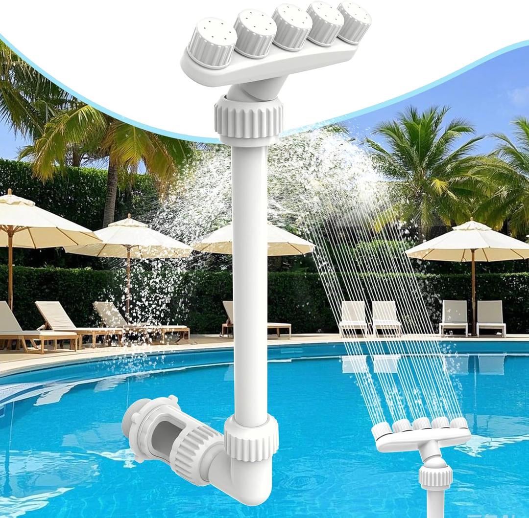 Adjustable Pool Fountain with 5 Nozzles for Above Ground and Inground Pools, 360 Direction Control with 2 Adapter, High-Efficiency Cooling Waterfall Sprinkler and Aerator (2025 Upgrade) (White)