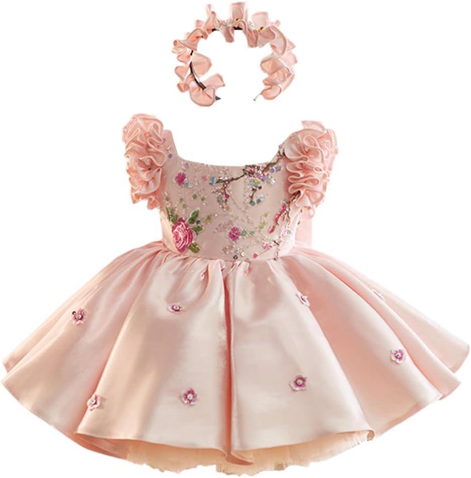 Girls' Dresses Flying Sleeve Puffy Princess Dresses Flower Girl Wedding Birthday Party Dresses (6-7 Years, Pink)