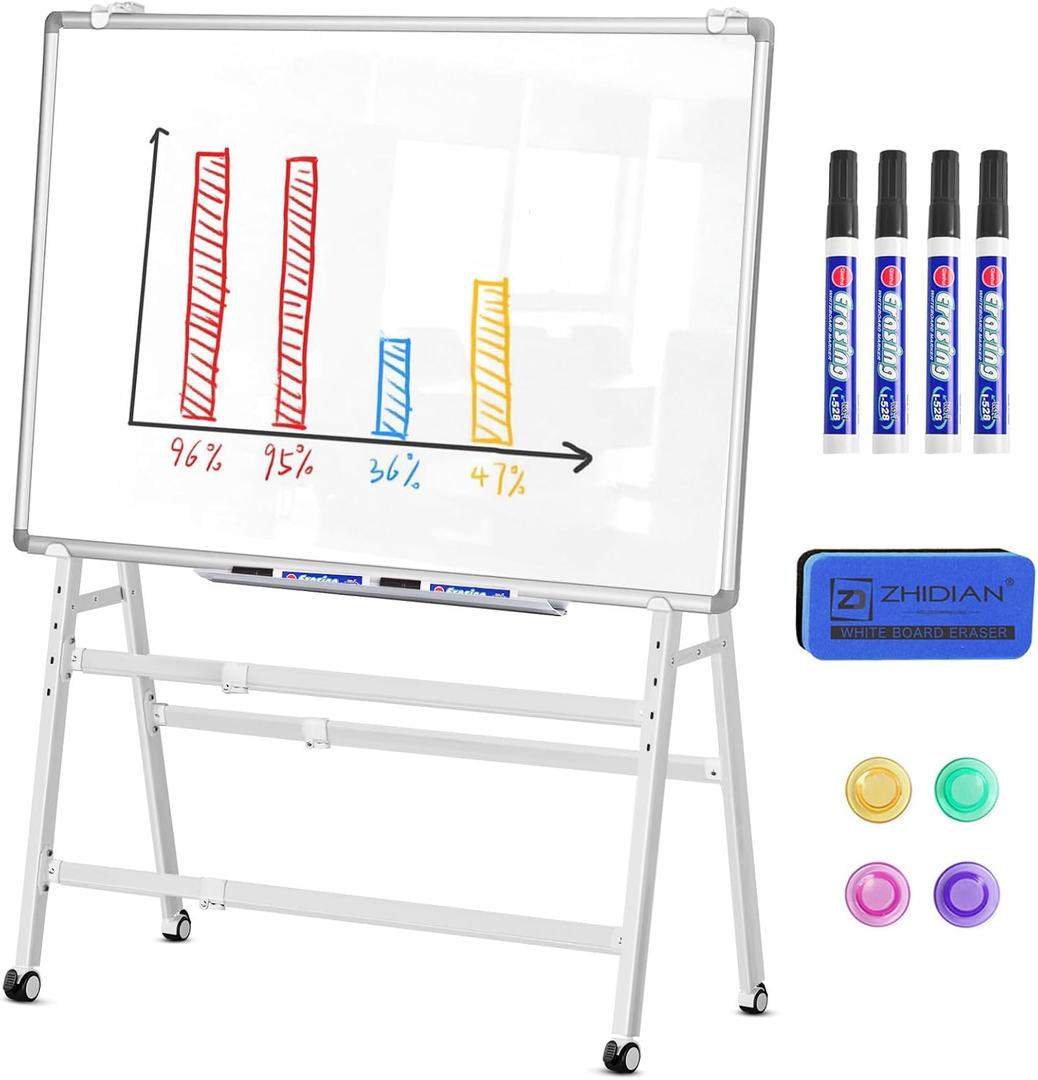 MUKUANG Double-Sided Magnetic Rolling Whiteboard, 48x36 Dry Erase Board - Adjustable Height & Width, A-Frame Foldable Easel Stand on Wheels