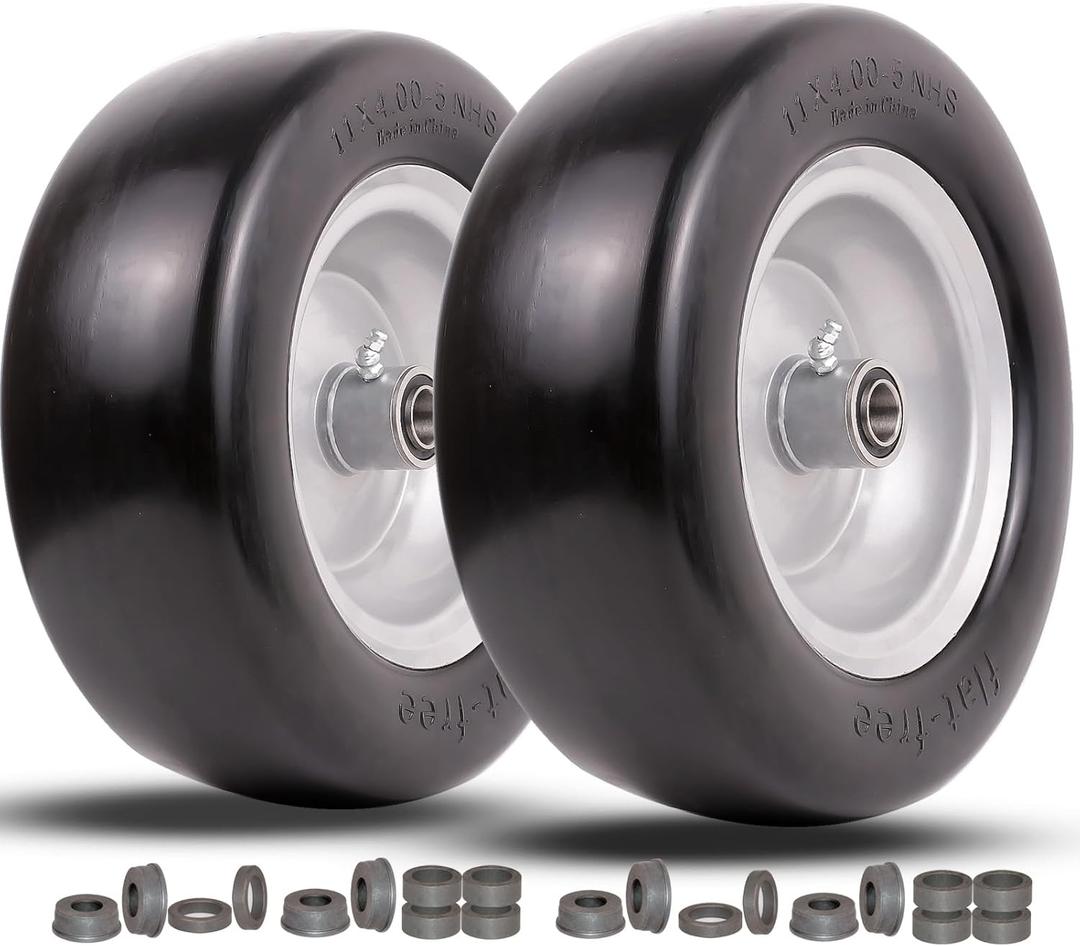 11x4.00-5 lawn mower tires flat free, Solid Smooth Tires and Wheel with 3/4" Precision bearings or 5/8" & 1/2", 3.4"-5.6" Centered Hub,for Zero-Turn Lawn Mowers, Extra Universal Adapter Kit (2 Pack)