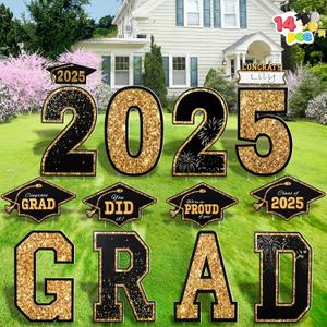 JOYIN 14 Pcs Graduation Yard Signs Class of 2025, Black & Gold Congrats Grad Lawn Stakes with 28 Stakes for 2025 Graduation Party Decorations Outdoor, College High School Party Supplies