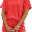 MARZXIN Women's 2 Piece Outfits Summer Tracksuit Ribbed Textured Knit Loose Lounge Shorts Set Short Sleeve Matching Sets, XL
